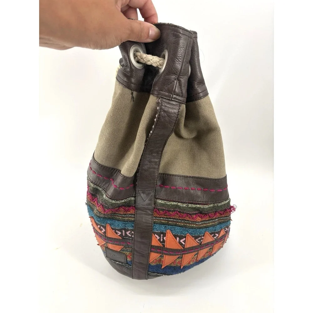 TOMS Canvas Drawstring Pouch Sak Bag Geometric Embroidered Boho Faux Leather